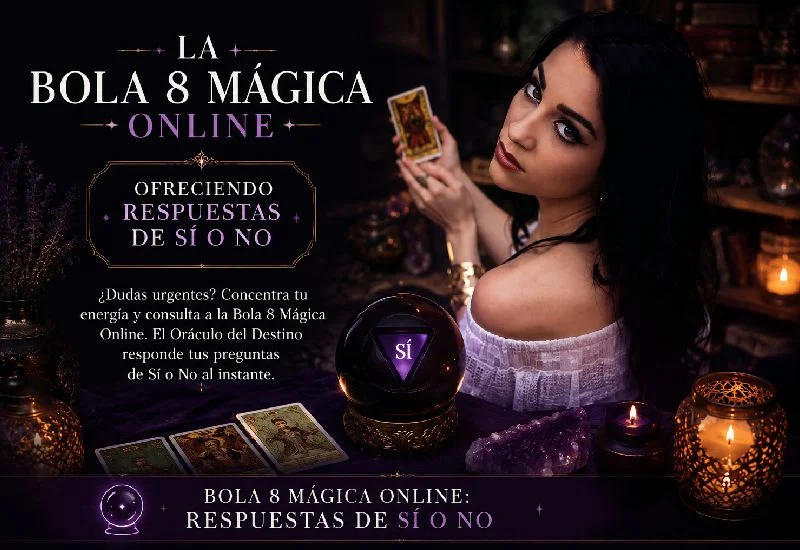 Bola 8 Mágica Online: Respuestas de Sí o No (Certero) 4 Mística Bola 8 Mágica online flotando sobre un fondo esotérico oscuro con destellos cósmicos.