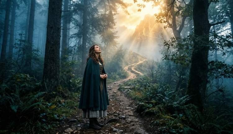 Cómo Descubrir tu Propósito de Vida (Cuando te Sientes Perdida y Estancada) 4 Mujer en un bosque místico mirando hacia la luz del sol que ilumina un camino hacia la cima, representando la búsqueda del propósito de vida.