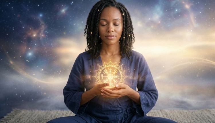 Cómo Descubrir tu Propósito de Vida (Cuando te Sientes Perdida y Estancada) 3 Mujer meditando en paz sosteniendo un símbolo dorado brillante en sus manos que representa su misión espiritual y propósito vital.