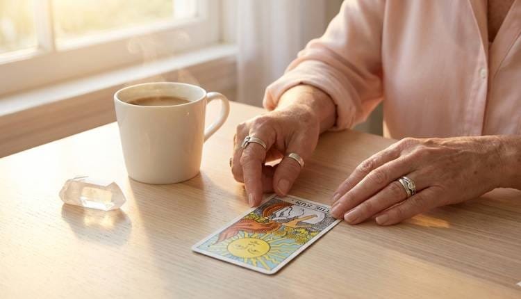 Tirada de Tarot Gratis de Hoy 2 Manos de vidente colocando la carta de El Sol sobre una mesa de madera iluminada por el amanecer, junto a una taza de café y un cristal de cuarzo.