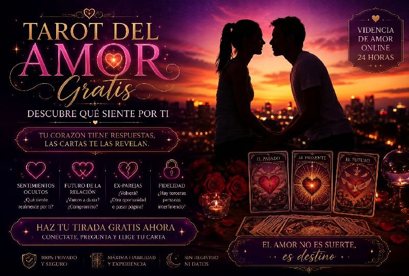 Tarot del Amor Gratis: Descubre Qué Siente Por Ti 5 Silueta de una pareja joven a punto de besarse durante un atardecer cálido, representando la predicción del tarot del amor para hoy.