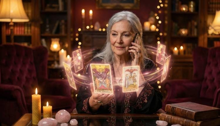 Tarot del Amor por Teléfono: Encuentra la verdad que tu corazón necesita 2 Vidente profesional experta en amor realizando una consulta telefónica, rodeada de cartas del tarot brillantes como Los Enamorados, transmitiendo esperanza y conexión.