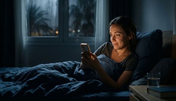 Tarot Telefónico 24 Horas: ¿Cómo Encontrar un Servicio Recomendado (y Huir de las Estafas)? 5 Mujer con insomnio de madrugada buscando un tarot telefónico 24 horas fiable desde su móvil para calmar su ansiedad.