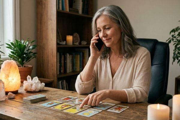 Tarot Telefónico Fiable: La Guía Definitiva para una Consulta Real y Sin Engaños 3 Vidente española profesional atendiendo consulta de tarot telefonico fiable desde casa sin gabinete.