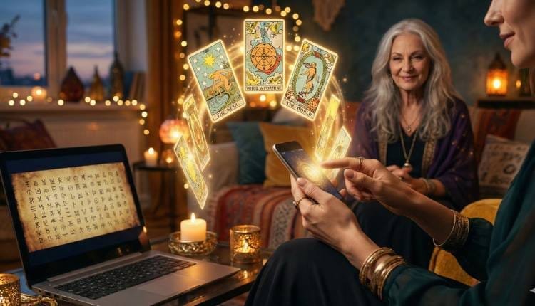 Adivinación en Línea: ¿Qué dicen las cartas sobre tu destino real? 2 Una mujer consulta su futuro con adivinación en línea a través de un móvil del que salen cartas del tarot mágicas y brillantes, con una vidente experta al fondo.