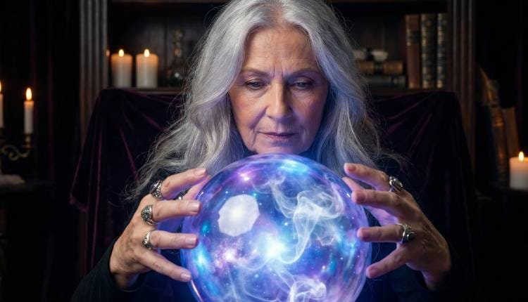 Bola de Cristal Mágica Online: Pregunta al Oráculo y Descubre tu Destino 2 Primer plano de una vidente profesional con manos rodeando una bola de cristal iluminada con energías violetas y azules para una lectura de futuro online.