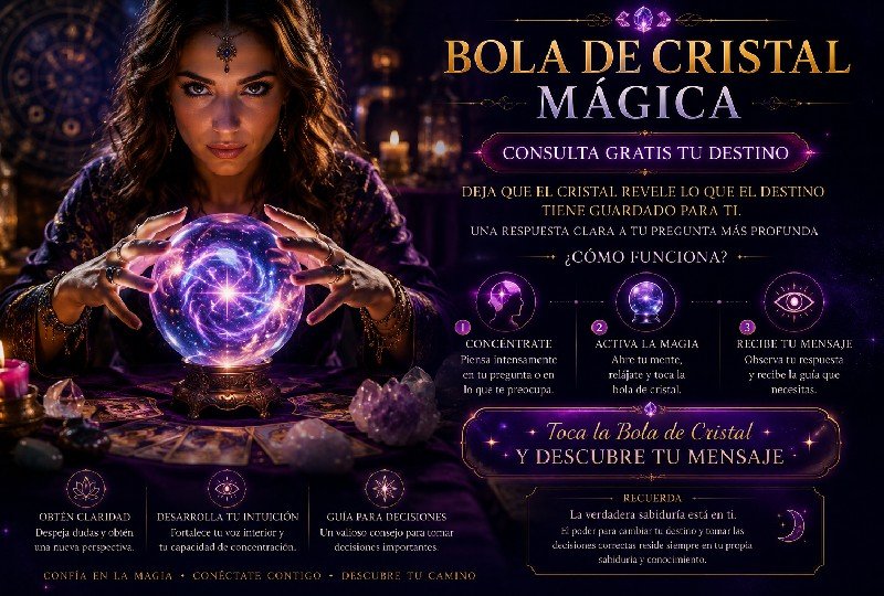 Bola de Cristal Mágica Online: Pregunta al Oráculo y Descubre tu Destino 1 Primer plano de una vidente profesional con manos rodeando una bola de cristal iluminada con energías violetas y azules para una lectura de futuro online.