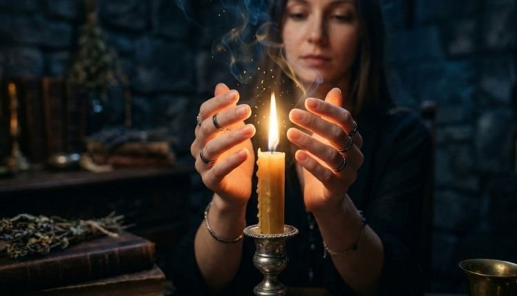 🕯️ La Adivinación a través de las Velas: El Poder Oculto de la Ceromancia 4 Lectura de velas y ceromancia: manos de mujer conectando con la magia del fuego y una llama brillante.