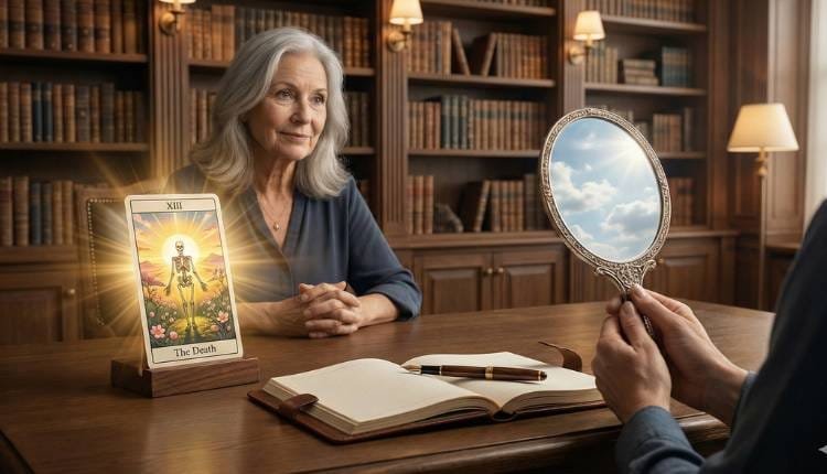 Tarot Terapéutico Evolutivo: Deja de preguntar "Qué pasará" y empieza a entender "Por qué me pasa" 2 Sesión de tarot terapéutico evolutivo con una vidente experta, mostrando la carta de La Muerte como símbolo de transformación y un diario para escribir el propio destino.