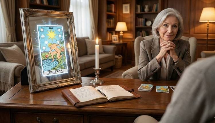 El Tarot Terapéutico: ¿Por qué es la herramienta que tu psicólogo (y tu alma) amaría? 4 Sesión de tarot terapéutico profesional con un espejo reflejando la carta de La Estrella y una vidente experta guiando un proceso de autodescubrimiento.