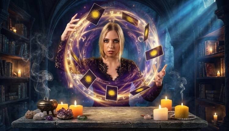 Tarotista Profesional Online: Cuando necesitas Verdad, no Cuentos 3 Una tarotista profesional online con mirada intensa realiza una lectura de cartas mística en un entorno profesional, buscando la verdad real para sus clientes.