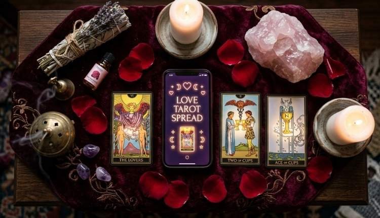 Tarot Telefónico del Amor: Consultas Precisas para Corazones Llenos de Dudas 3 Mesa de vidente profesional preparando una tirada precisa de cartas del amor por teléfono, con velas y cuarzo rosa.