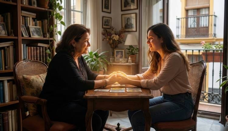 Videntes Buenas de Verdad en España: Cómo encontrarlas y evitar engaños 2 Una vidente buena de verdad en España realizando una consulta honesta y profesional a una joven en un ambiente cálido y hogareño.