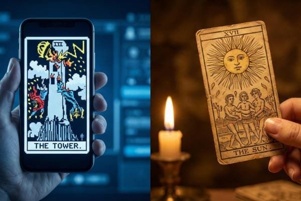 Tarotistas Online (Robots) vs. Videntes por Teléfono: La prueba de fuego que nadie te cuenta 2 Comparativa visual entre una carta de tarot digital en un móvil (fría) y una carta de tarot real sostenida por una vidente (cálida), mostrando la diferencia de energía.
