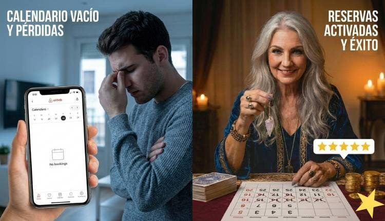 Panel izquierdo con anfitrión de Airbnb preocupado por calendario vacío en su móvil; panel derecho con vidente sabia activando reservas, éxito y 5 estrellas con péndulo y monedas de oro.