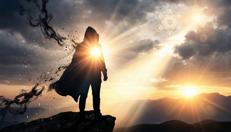 Limpieza Energética Profesional y Abrecaminos: Desbloquea tu Suerte 2 Silueta humana liberándose de cadenas oscuras y malas energías mediante un ritual de limpieza espiritual y abrecaminos con luz dorada.