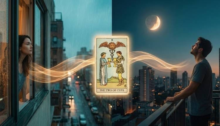 Retornos de Pareja: La Verdad sobre Volver con tu Ex (Sin Falsas Promesas) 3 Composición artística de una pareja separada por la distancia pero conectada por un flujo de luz dorada y la carta del Tarot Dos de Copas, simbolizando el retorno del amor.