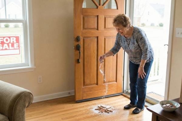 Ritual de Canela y Sal: Cómo atraer al comprador ideal y vender tu casa "por arte de magia" 4 Mujer mayor sonriente realizando un ritual esparciendo sal y ramas de canela en el suelo de la entrada de una casa que tiene un cartel de "Se Vende" visible por la ventana.