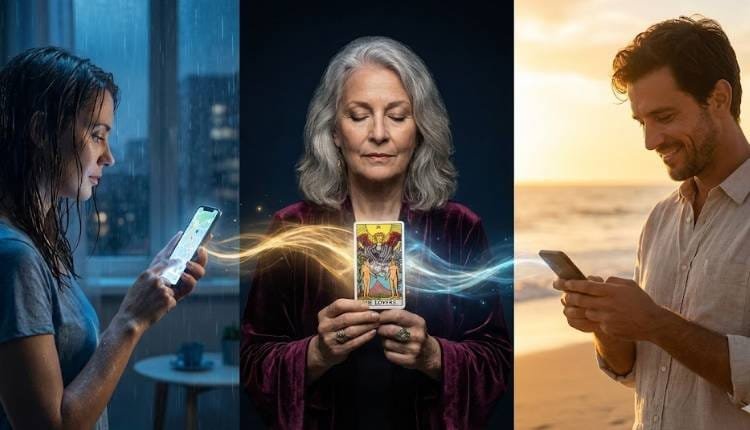 Una vidente experta crea un puente de energía mística entre dos personas separadas por la distancia que miran sus teléfonos móviles, simbolizando la conexión real a través del tarot.