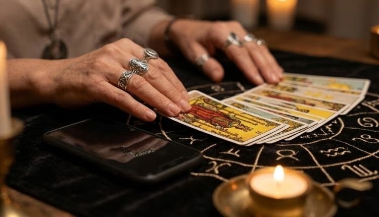 El Tormento del Contacto Cero: Qué Piensa y Siente por Ti (Lo que el Tarot Revela Cuando Él Calla) 4 Mesa de tarot iluminada con velas y un teléfono móvil apagado, simbolizando una lectura de cartas para saber qué piensa una expareja durante el contacto cero.