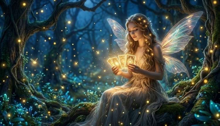 Tarot de las Hadas: Lectura Espiritual de Luz y Sanación (Sin Miedos) 2 Hada mística en un bosque iluminado leyendo las cartas del tarot de las hadas para sanación espiritual.