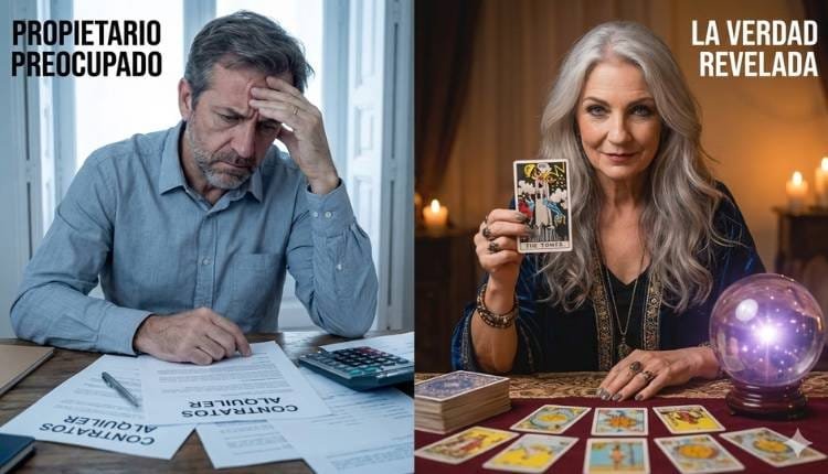 Imagen dividida: a la izquierda un propietario estresado con la mano en la cabeza revisando "CONTRATOS ALQUILER" y una calculadora. A la derecha, una vidente revelando la carta de "THE TOWER" (La Torre) como advertencia sobre el futuro inquilino.