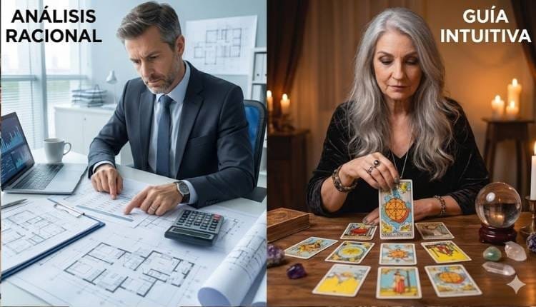 Composición dividida: a la izquierda un inversor analizando planos y gráficos (Análisis Racional); a la derecha una vidente sabia consultando la carta de La Rueda de la Fortuna (Guía Intuitiva) para una compra de vivienda segura.