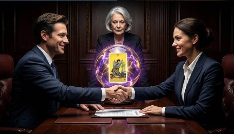 El Filtro de Socios: ¿Alianza de Luz o Traición en la Sombra? 3 Fotografía dramática en una sala de juntas donde dos empresarios se dan la mano sobre un contrato, pero una bola de cristal mágica en el centro revela la carta del tarot "Siete de Espadas" (traición), observados por una vidente sabia.