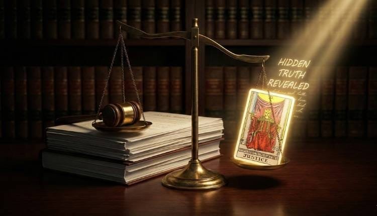 El Escudo ante Crisis: Cómo ganar la batalla legal antes de entrar al juzgado 4 Una balanza de la justicia en un despacho de abogados donde la carta del tarot La Justicia pesa más que los documentos legales, revelando una verdad oculta.