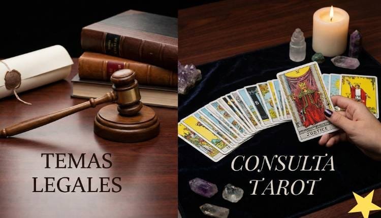 Composición dividida: a la izquierda, un mazo de juez y documentos legales con el texto "TEMAS LEGALES"; a la derecha, una mano sosteniendo la carta de La Justicia del tarot junto a velas y cristales con el texto "CONSULTA TAROT".