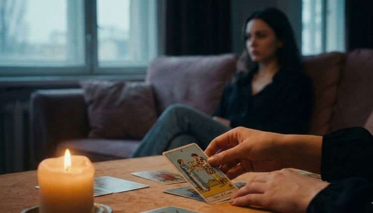 Atrapada en un "Casi Algo": ¿Dará el paso o estás perdiendo tu tiempo? (Lo que el Tarot revela) 2 Mesa de tarot iluminada con velas donde una vidente muestra la carta del Dos de Copas, mientras al fondo una mujer pensativa espera respuestas sobre su relación sin etiquetas o casi algo.