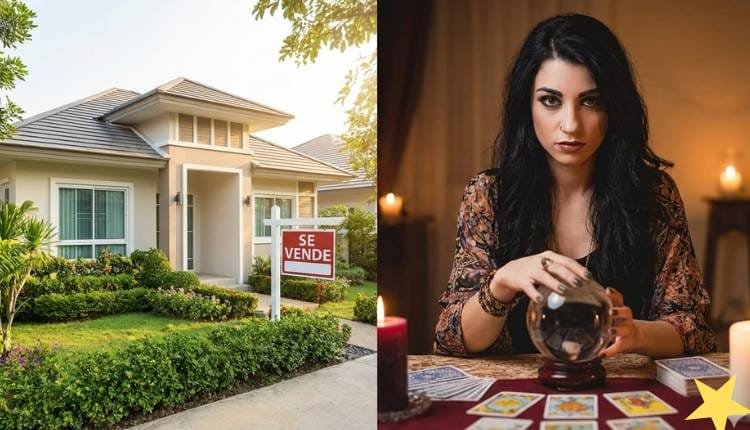 Comparativa de una casa con cartel de se vende y una vidente profesional analizando el bloqueo energético con bola de cristal y cartas de tarot.