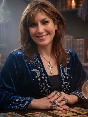 Eva: La Voz que Susurra a tu Destino 1 Eva, vidente y médium profesional, realizando una sesión de tarot místico con bola de cristal y velas para predicciones de futuro.