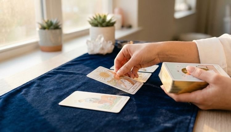Cómo Identificar un Tarot Serio y con Aciertos Reales (Sin que te vacíen la cuenta) 2 Manos de una vidente profesional realizando una tirada de tarot serio y fiable con cartas iluminadas por luz natural.