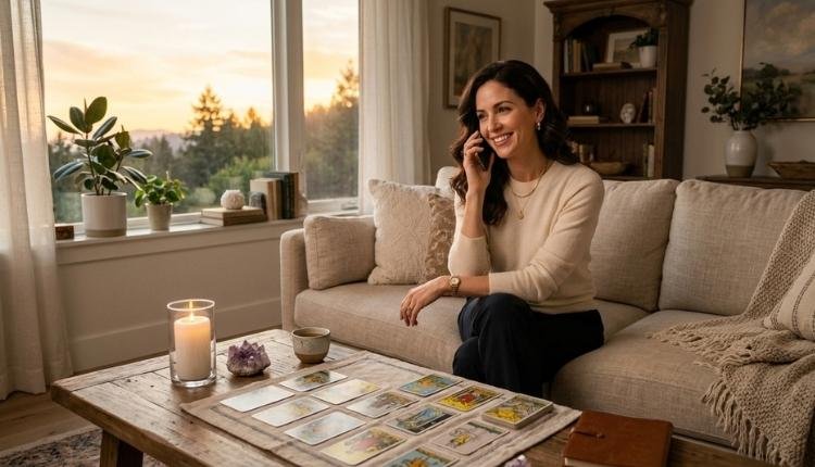 Tarot Visa Fiable: Videntes Profesionales por Teléfono (Sin Sustos en tu Factura) 2 Mujer realizando una consulta de tarot visa fiable y segura desde la comodidad de su casa.