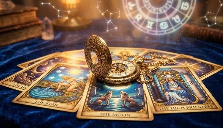 ¿Se Pueden Dar Fechas Exactas en el Tarot o es un Mito? La Verdad sobre el Tiempo 6 Cartas de tarot iluminadas junto a un reloj de bolsillo dorado y un mapa astrológico, representando la videncia con fechas exactas.