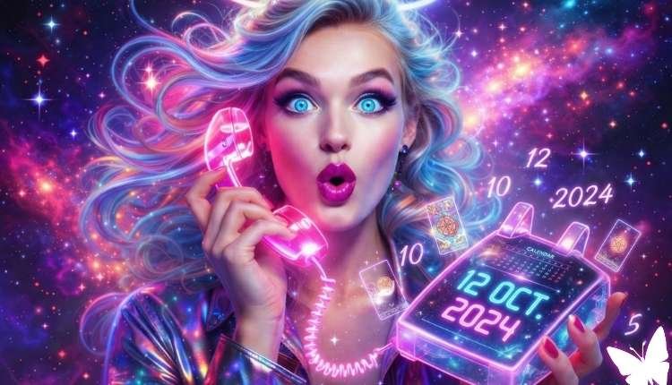 ¿Se Pueden Dar Fechas Exactas en el Tarot o es un Mito? La Verdad sobre el Tiempo 3 Vidente online revelando fechas exactas en el tarot durante una consulta telefónica, rodeada de un universo místico de neón y cartas astrales.