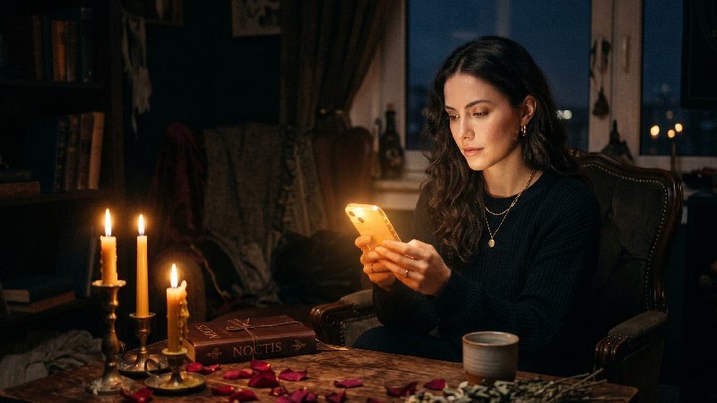 El Oráculo de la Verdad: Descubre si te está Mintiendo en el Amor 5 Mujer pensativa consultando en su móvil el oráculo de la verdad para descubrir si su pareja le miente.