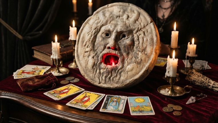 El Oráculo de la Verdad: Descubre si te está Mintiendo en el Amor 5 Misterioso altar esotérico con la figura de la boca de la verdad rodeada de cartas de tarot y velas para descubrir secretos de amor.